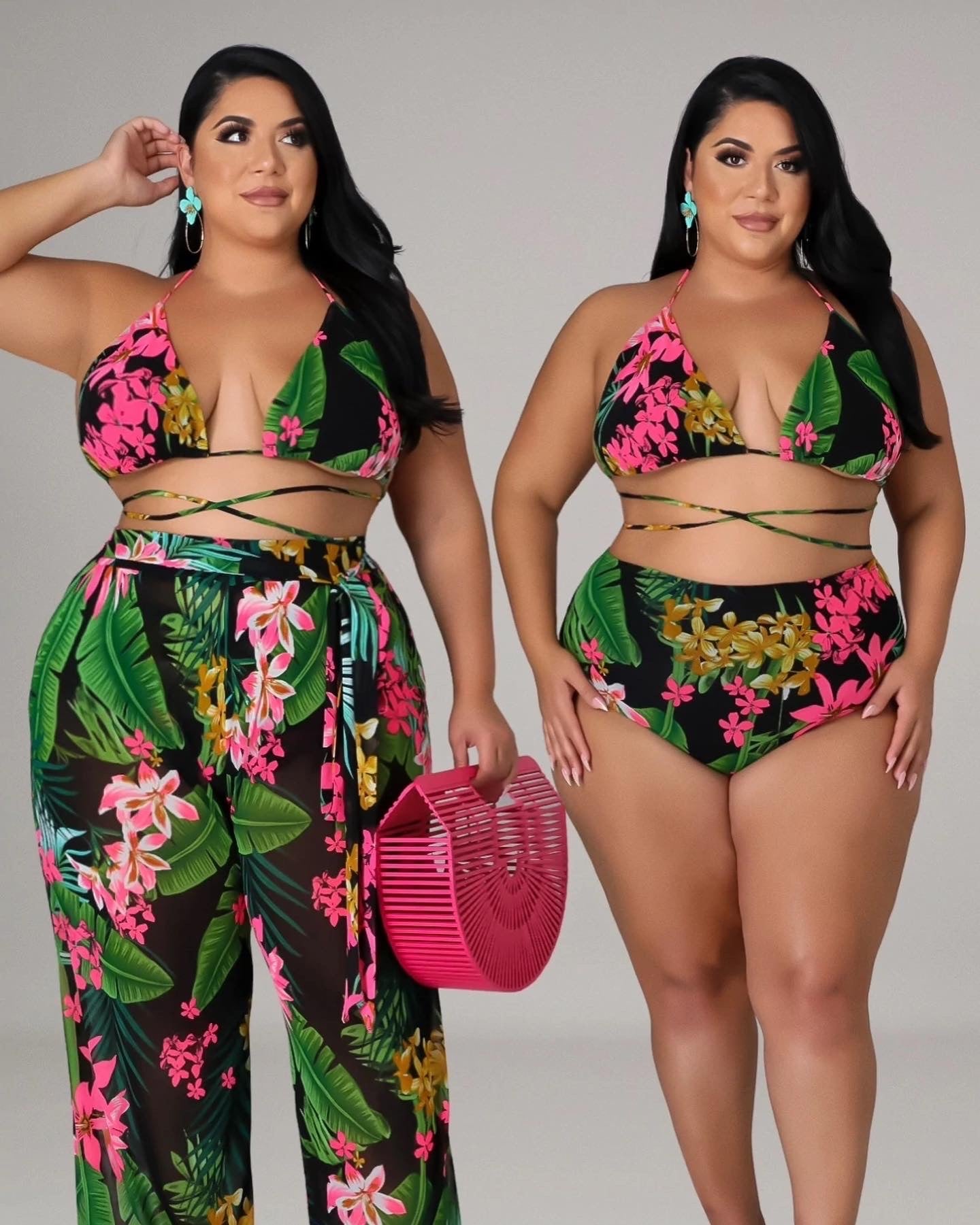 Black Floral Swimsuit Set