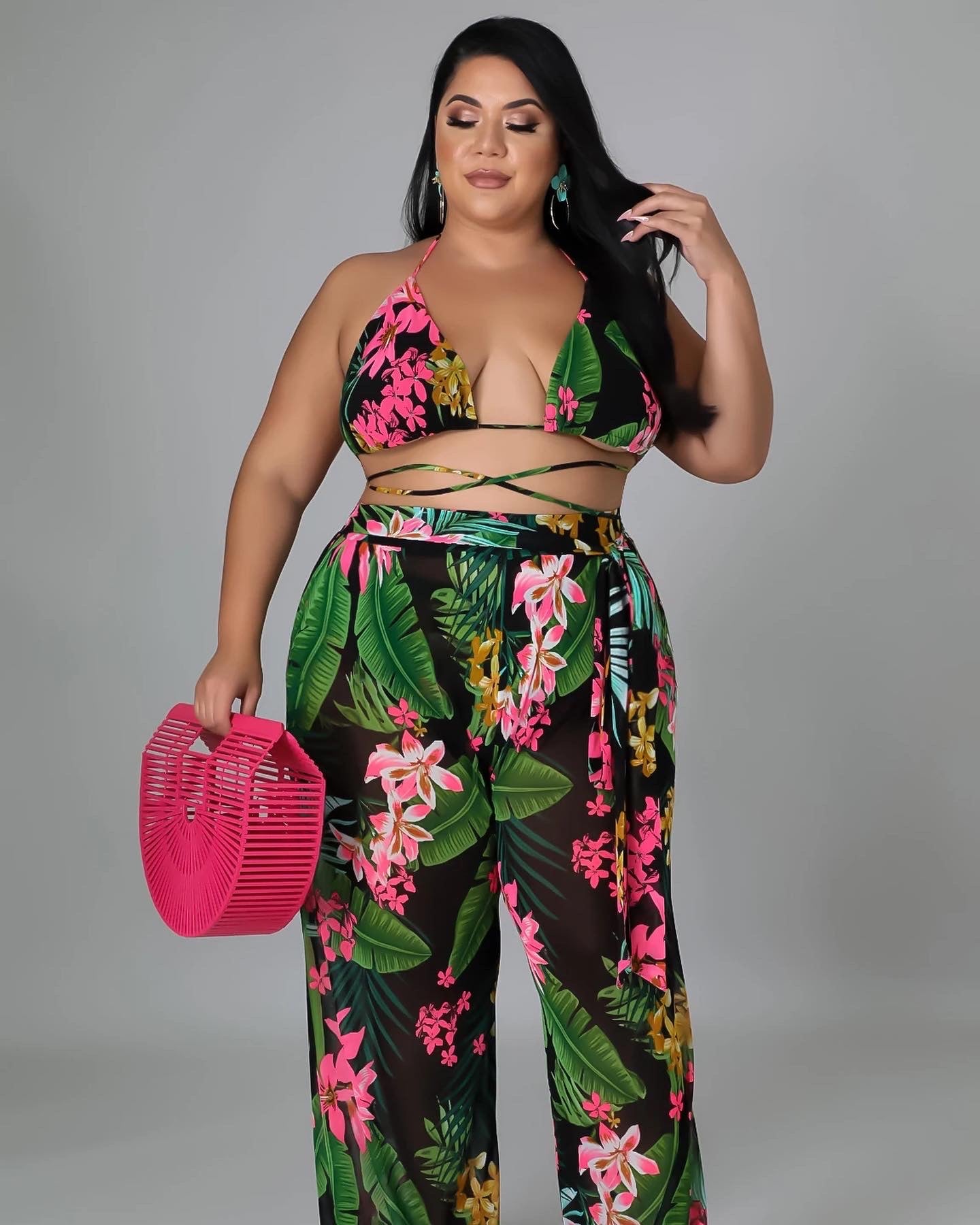 Black Floral Swimsuit Set