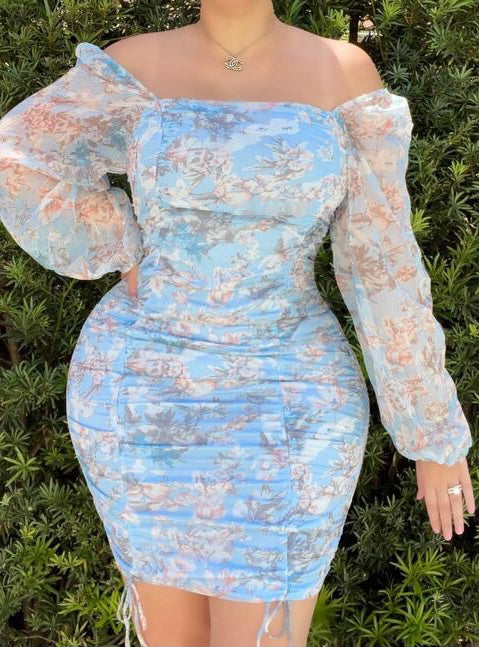 Blue Floral Ruched Dress