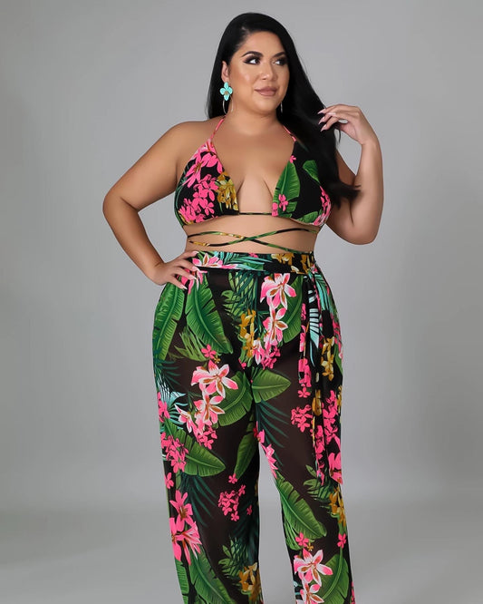 Black Floral Swimsuit Set