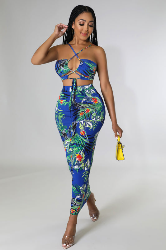 Blue Tropical Skirt Set