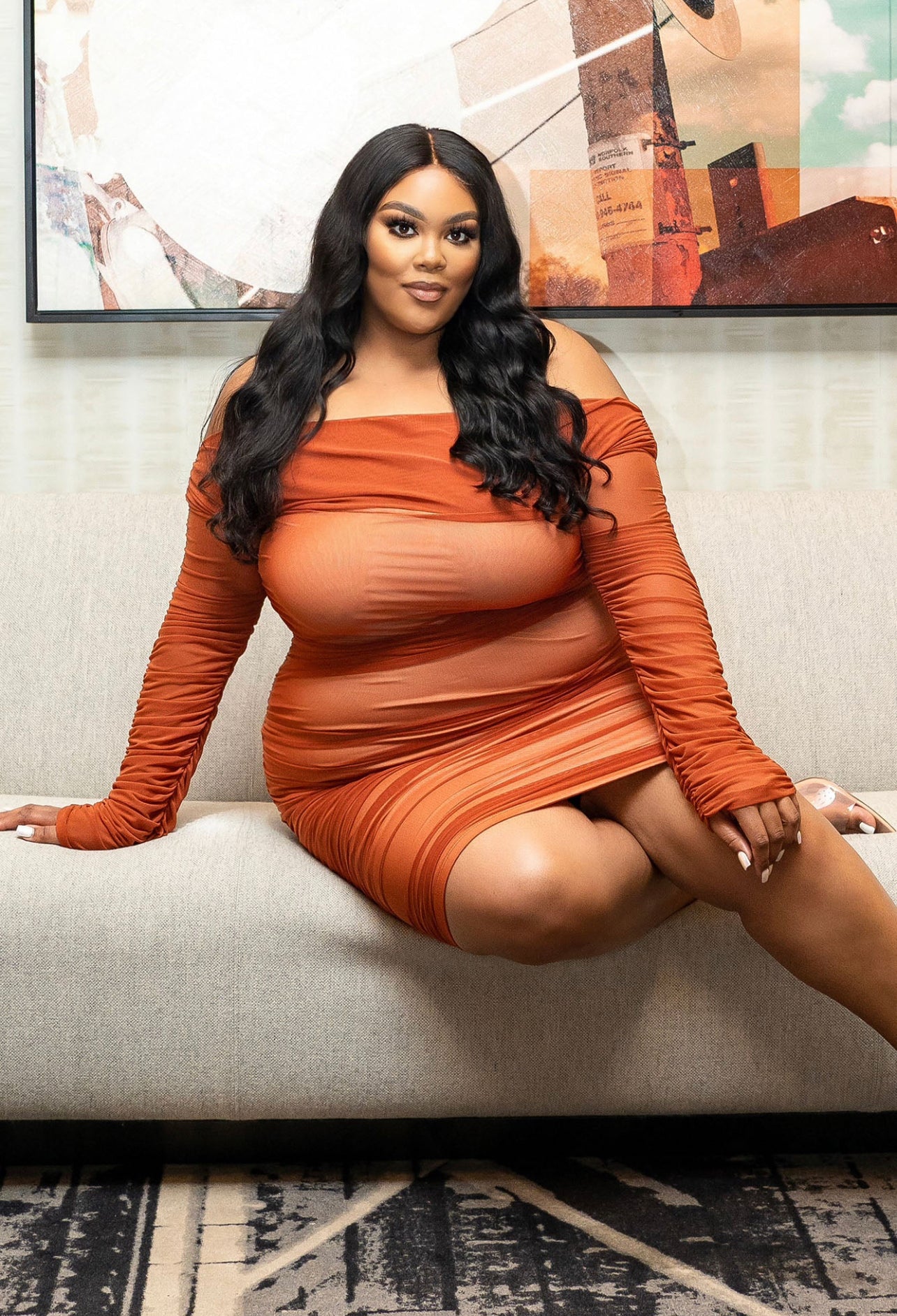 Rust Ruched Mesh Dress