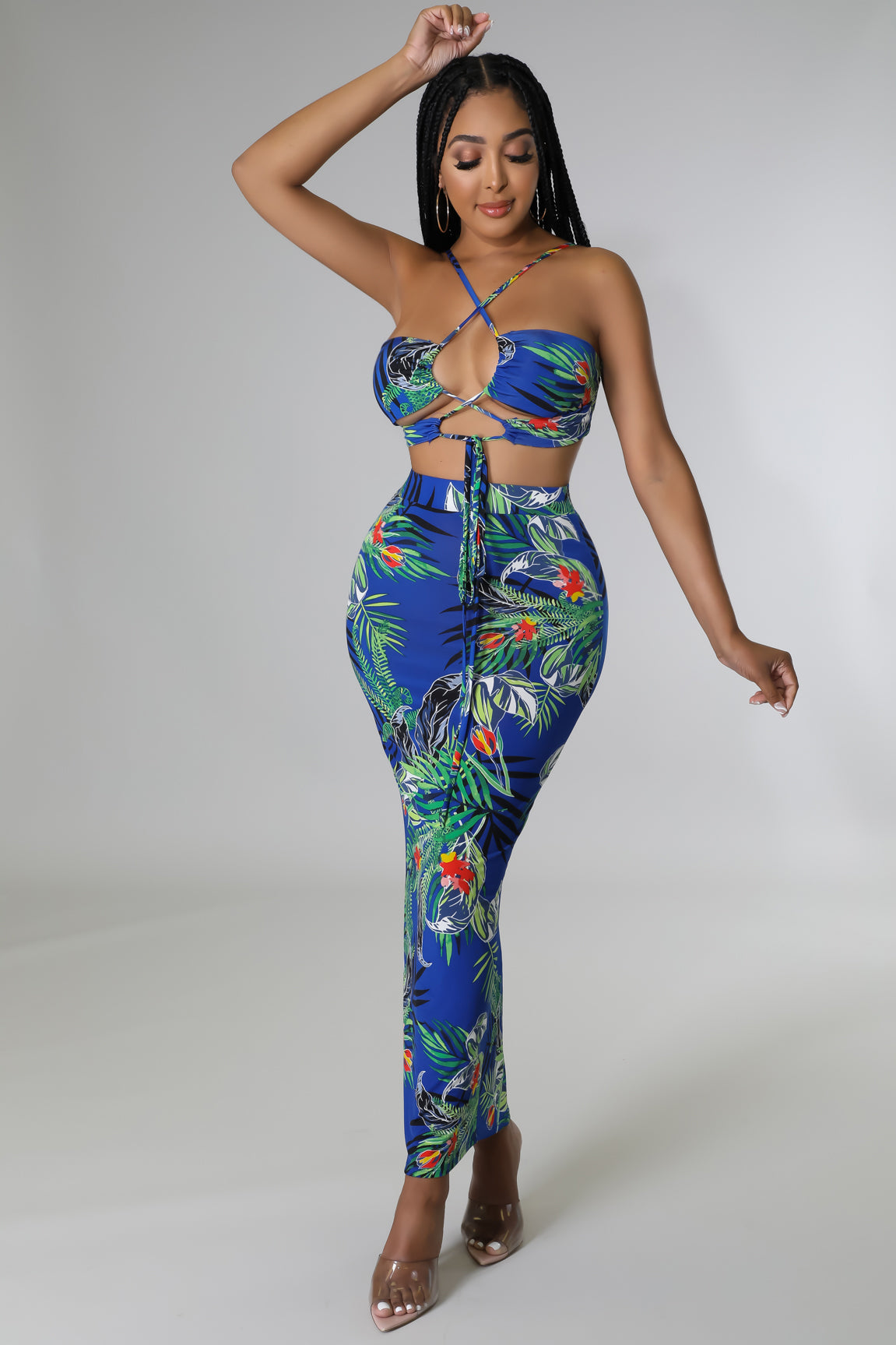 Blue Tropical Skirt Set